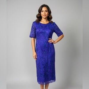 Vtg Indigo Silk Beaded Sequins Dress Size 1X P2P 22-23” Minor Discolouration